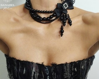 Collier ras de cou magnifique et intemporel pour femme avec un élégant collier de perles multi-rangs en agate noire Onix et perles