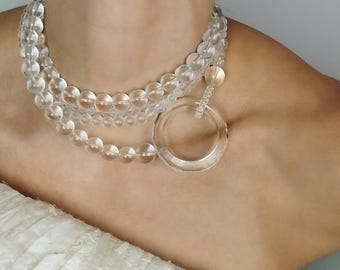 Quartz Layered Choker Necklace, Large Crystal Circle Pendant, Glam Minimalist Jewelry