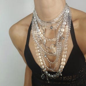 Long Multi Strand Quartz Necklace: Chunky Crystal & Stainless Steel