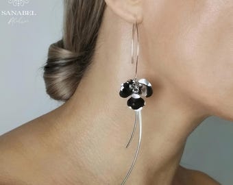 Orchid Long Earrings, Stainless Steel Flower Drop Earrings, Elegant Statement Jewelry, Gift for Her