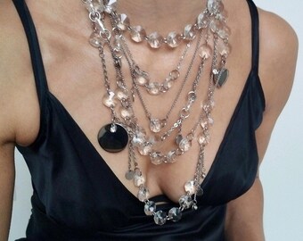 Clear Crystal Layered Necklace, Chandelier Beads, Multi-Chain Stainless Steel, Edgy Rock Glam