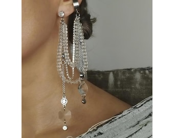 Long Mismatched Quartz Drop Earrings, Clear Crystal Shoulder Dusters, Stainless Steel Ear Cuff