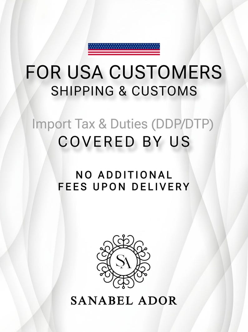 Sanabel Ador USA shipping banner explaining import taxes and customs duties are covered with no extra fees at delivery.
