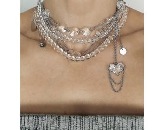 Layered Crystal Heart Choker Necklace, Clear Quartz and Stainless Steel Chains, Bold Glam
