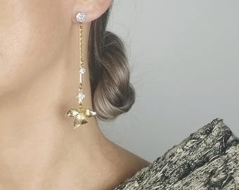 Long Gold Orchid Earrings – Crystal Dangle Earrings, Stainless Steel Floral Jewelry, Gift for Her