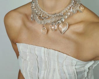 Chunky Multi-Strand Quartz Choker, Glam Crystal Heart Necklace, Large Frosted and Clear Beads