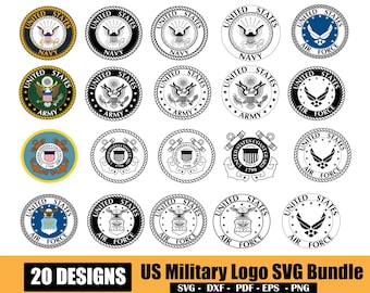 May include: A collection of 20 US military logo designs in a variety of styles. The logos represent the Navy, Army, Air Force, and Coast Guard. The designs are in color and black and white, with the text "20 DESIGNS US Military Logo SVG Bundle".
