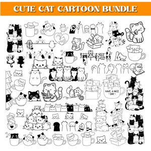 以下が含まれることがあります： 様々な可愛い猫のイラストが描かれた白黒の漫画バンドル。マグカップ、箱、ハートの中の猫の画像が含まれており、上部には「CUTE CAT CARTOON BUNDLE」の文字があります。図面はシンプルで、ステッカーや工芸品に適しています。