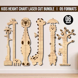 May include: Wooden laser-cut height charts in various animal designs, including a giraffe, lion, and tree. Each chart features measurement markings in inches, perfect for tracking a child's growth. The charts are made of light-colored wood.
