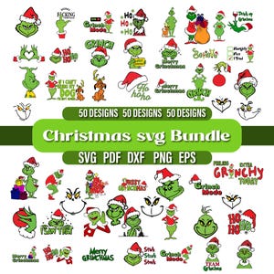 May include: A collection of Christmas-themed SVG designs featuring the Grinch character in various poses and expressions. The designs include text elements like "Merry Grinchmas" and "Grinch Mode". The bundle is labeled "Christmas svg Bundle".