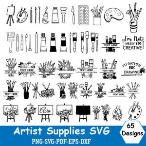 Könnte beinhalten: Schwarz-weiß-Künstlerbedarf-SVG-Design mit 65 Designs. Enthält Pinsel, Farbtuben, Paletten, Staffeleien und Text mit der Aufschrift "I'm not messy I'm creative" und "I'd rather be drawing".