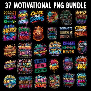 Op de afbeelding: Een verzameling van 37 motiverende PNG-afbeeldingen met kleurrijke tekstontwerpen. Zinnen zijn onder meer "Chase Your Dreams", "Believe" en "Dream It, Build It". Geschikt voor digitale kunst, scrapbooking of print-on-demand projecten.