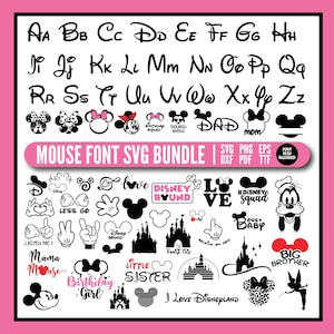 Puede incluir: Paquete SVG en blanco y negro con una fuente temática de ratón y varios gráficos relacionados. Incluye letras mayúsculas y minúsculas, ilustraciones de personajes y frases como "Birthday Girl" e "I Love Disneyland".
