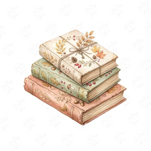Könnte beinhalten: Ein Stapel aus drei Büchern mit cremefarbenen, salbeigrünen und altrosa Einbänden. Das oberste Buch ist mit einer Schnur umwickelt und mit einem Schlüssel, Herbstblättern, Beeren und Tannenzapfen verziert. Das mittlere Buch zeigt Eichenblätter.