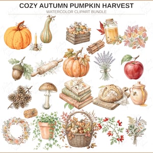 Könnte beinhalten: Ein Aquarell-Clipart-Set mit dem Titel COZY AUTUMN PUMPKIN HARVEST mit Illustrationen von Kürbissen, einer Holzkiste, einem Honigglas, Zimtstangen, Herbstblättern, einer Eichel, einem Nudelholz, Lavendel, einem Apfel, Tannenzapfen, einem Pilz, Büchern, Brot, einem Honigtopf, einem Kranz, einer Topfpflanze, einem Korb mit Erzeugnissen, Hagebutten und Trockenblumen.