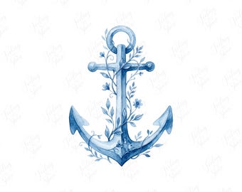 Floral Anchor Watercolor Clipart PNG, Nautical Baby Boy Nursery, Baby Shower, Scrapbook, Digital Download, Commercial Use
