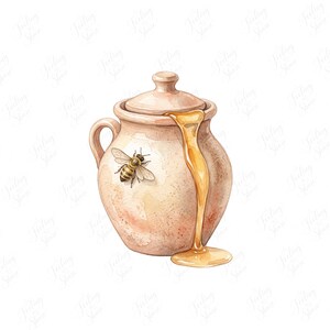 Peut inclure: Un pot à miel en céramique beige clair avec un couvercle assorti et une anse. Une petite abeille détaillée est illustrée sur le côté du pot. Du miel doré coule du bord le long de la paroi et s'accumule à la base du récipient.