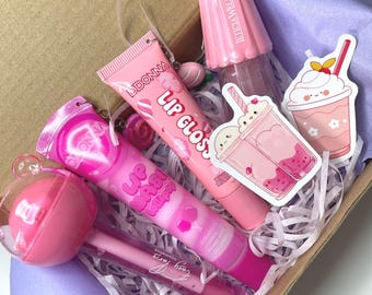 Set de regalo de brillo labial, caja de belleza de bálsamo labial, set de maquillaje rosa kawaii, kit de cuidado labial hidratante, lindo regalo para niñas, regalo para ella