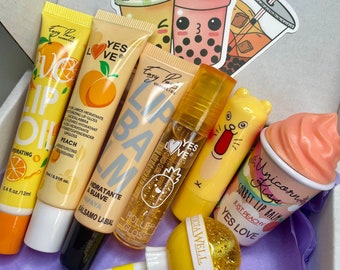 Orangefarbenes Lippenpflege-Set mit Lippenöl, Lippenbalsam, Lipgloss, Feuchtigkeitsspender, Geschenk für Sie