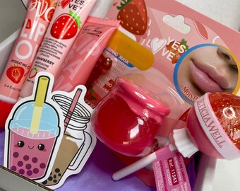 Rosa Lippenpflegeset mit Lippenöl, Lippenbalsam, Lipgloss, Feuchtigkeitsset, Geschenk für Sie
