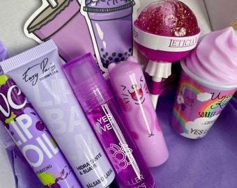 Kit de soin des lèvres violet avec huile à lèvres, baume à lèvres, brillant à lèvres, coffret hydratant, cadeau pour elle