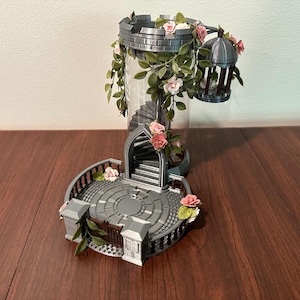 Silver Roses Dice Tower with Dice Jail: Hand-Decorated Spiral Staircase