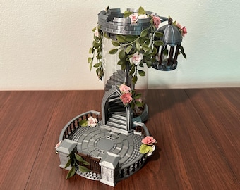 Silver Roses Dice Tower with Dice Jail: Hand-Decorated Spiral Staircase