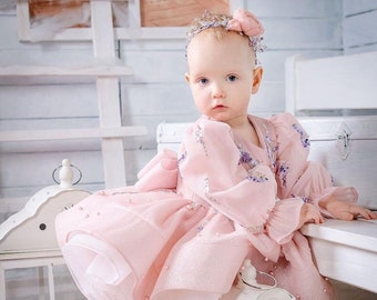 Robe premier anniversaire, Robe bébé fille pour une occasion spéciale, Robe de soirée bébé fille, Robe 1er anniversaire, Robe d'anniversaire fille Robe rose poudré