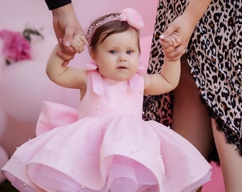 Pink Dress Baby Girl 1st Birthday Dress,Lace flower girl,Dusty rose girl dress, Flower girl dress satin