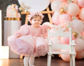 Robe premier anniversaire, Robe bébé fille pour une occasion spéciale, Robe de soirée bébé fille, Robe 1er anniversaire, Robe d'anniversaire fille Robe rose poudré