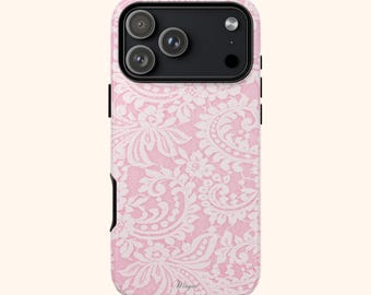 PINK LACEAHOLIC / Custodia resistente in damasco floreale rosa / Custodia per telefono / custodia per telefono vintage in pizzo per iPhone / custodia per telefono civetta