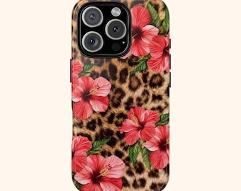 LEOPARD HIBISCUS FLORALS / Custodia per telefono con stampa leopardata e motivo floreale di ibisco rosso / Custodia per telefono resistente / Custodia per telefono estiva