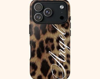 Coque de téléphone avec nom en écriture léopard | Coque résistante à imprimé animal esthétique