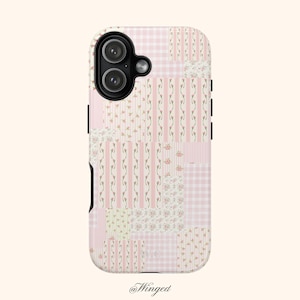 May include: A phone case with a patchwork design in pink and white. The case features various patterns, including stripes, floral prints, and gingham checks. The bottom of the case has the text "@Winged".