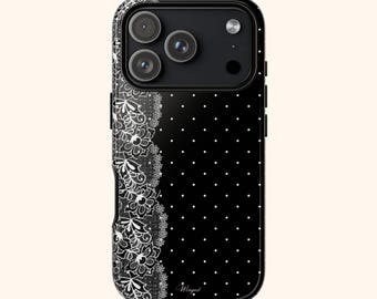 VINTAGE LACE | Black Lace Polka Dot Tough Case | Floral Lace Edge iPhone Case | Coquette Black Lace Vinatge Case | Stylish Case For Women