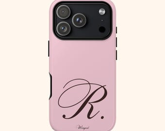 Custodia per iPhone personalizzata con iniziale marrone e sfondo rosa / Rosa cipria / Custodia per telefono con iniziale personalizzabile, monogramma di lusso alla moda per iPhone