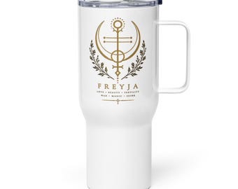 Freyja Norse Goddess Stainless Steel Travel Mug with Handle | Insulated Viking Tumbler