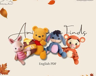 May include: Crochet amigurumi patterns for Winnie the Pooh, Piglet, Eeyore, and Tigger. The patterns are available in English PDF format. The image shows the finished crocheted toys.