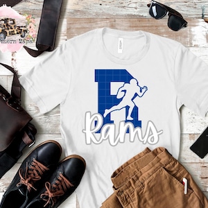 Rams Football PNG Rams Football Design Rams Team Logo PNG Rams School Spirit PNG Design Blue Gray and White Rams Football png Ram Script png