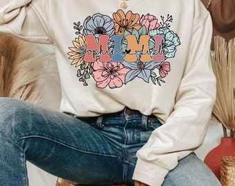 Personalized Retro Floral Mimi Sweatshirt and Hoodie with kids Names, Customized Retro Floral Mimi Sweatshirt and Hoodie, Custom Mimi Hoodie