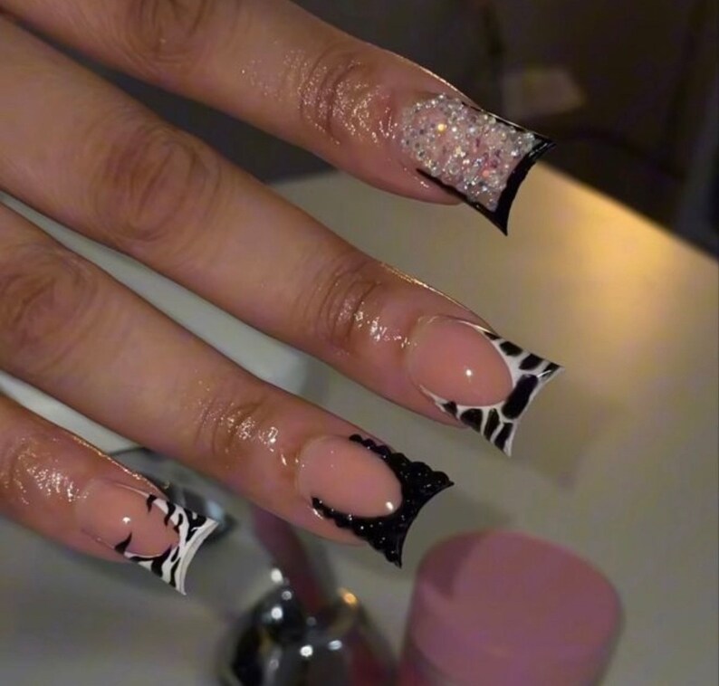 Animal Print French Tip Bling Press on Nails. Length Shortxxl. Stick