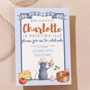 May include: A rectangular invitation card with a light blue background featuring a blue gingham ribbon at the top. The text reads: BON APPETIT! Charlotte IS RATA-TWO-ILLE please join us to celebrate. Includes illustrations of a mouse chef, cheese, tomato, and copper pot.