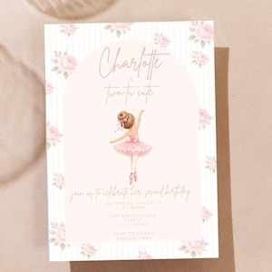 May include: A rectangular birthday invitation card featuring a light pink arched center with a watercolor illustration of a ballerina in a pink tutu. The border has white vertical stripes and pink roses. Text reads Charlotte is two-tu cute.