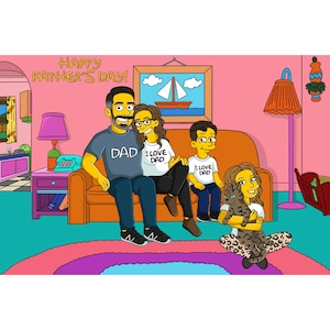 Les Simpson | Portrait de famille personnalisé | Illustration de couple | Portrait personnalisé jaune | Noël | Portrait des Simpson | Fête des pères