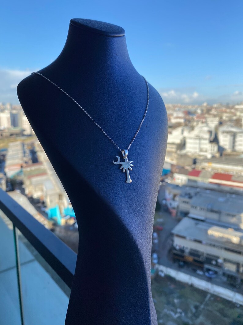 925 Sterling Silver South Carolina Flag Necklace, Unique Palm & Moon