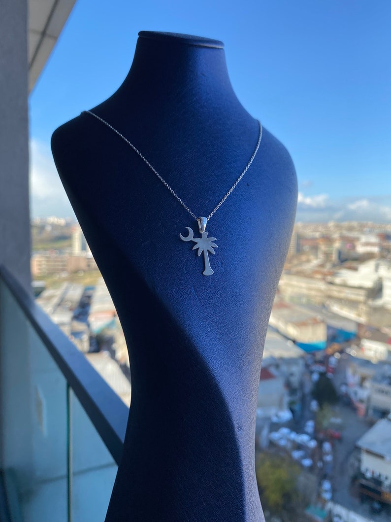 925 Sterling Silver South Carolina Flag Necklace, Unique Palm & Moon
