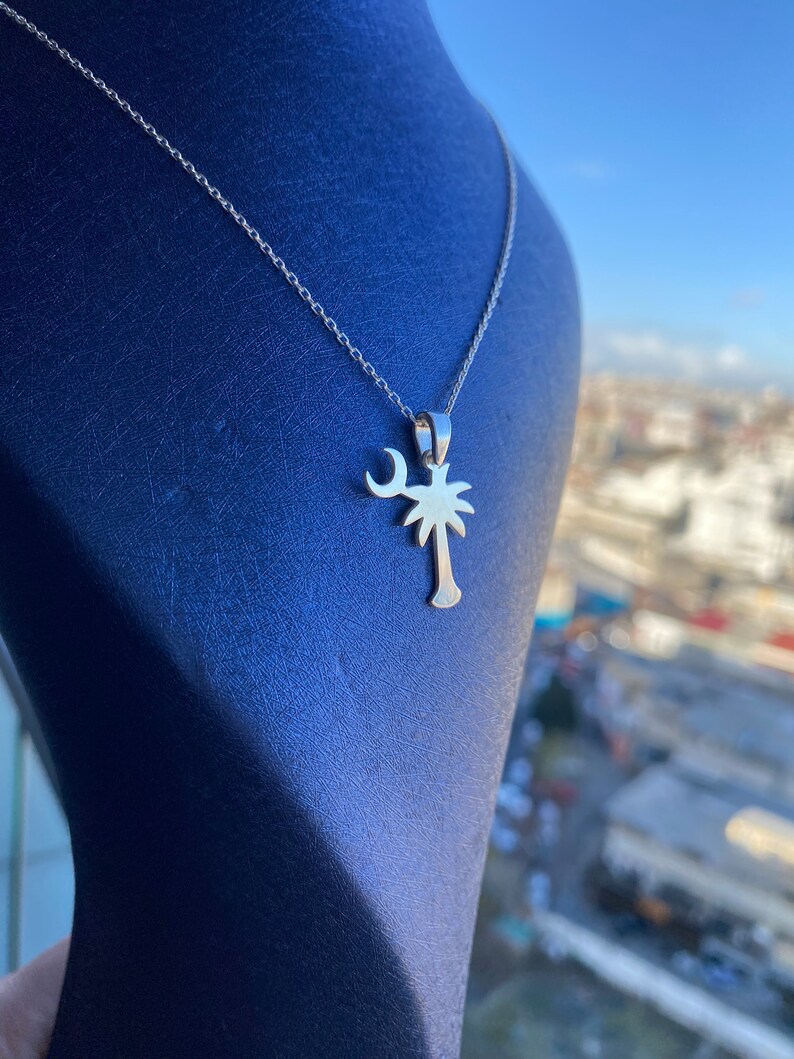 925 Sterling Silver South Carolina Flag Necklace, Unique Palm & Moon