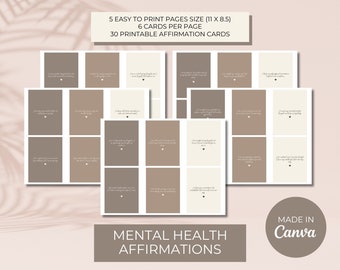 May include: Printable affirmation cards with a neutral color scheme. The cards are arranged in a grid pattern on a beige background. The text on the cards reads "Mental Health Affirmations".