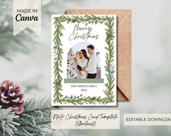 Photo Christmas Card Template (Garland) | Holiday Photo Card Template| Instant Download | Digital Download| Editable Template
