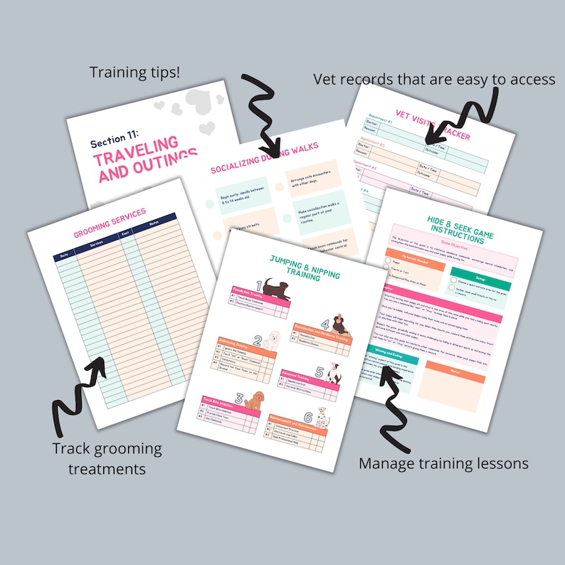 May include: Printable dog training planner with sections for vet visits, grooming, socializing, jumping and nipping training, and hide and seek games. The planner has a pink and blue color scheme with illustrations of dogs.